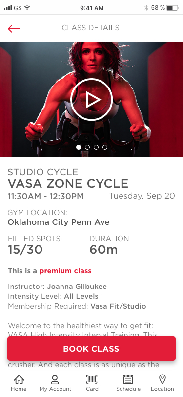 VASA calendar class detail